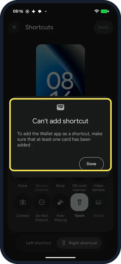 Android screenshot: Can't add shortcut message for Wallet