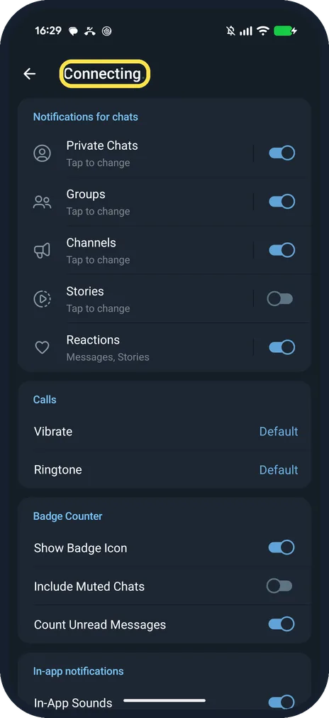 Android screenshot: Connecting