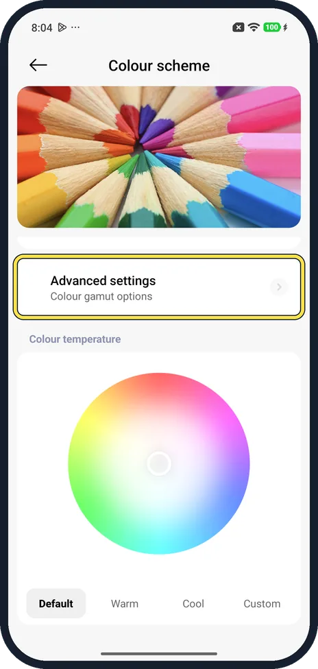Android screenshot: Advanced settings card, with Colour temperature below and no Adaptive colors row