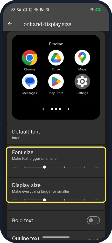 Android screenshot: Font size and Display size