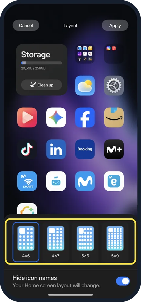 Android screenshot: Grids with names hidden