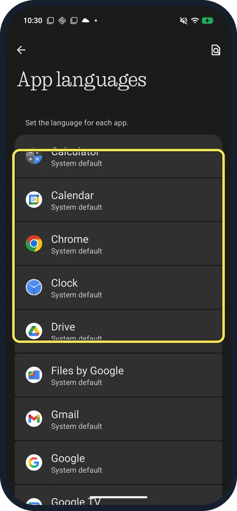 Android screenshot: App languages