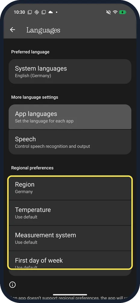 Android screenshot: Regional preferences