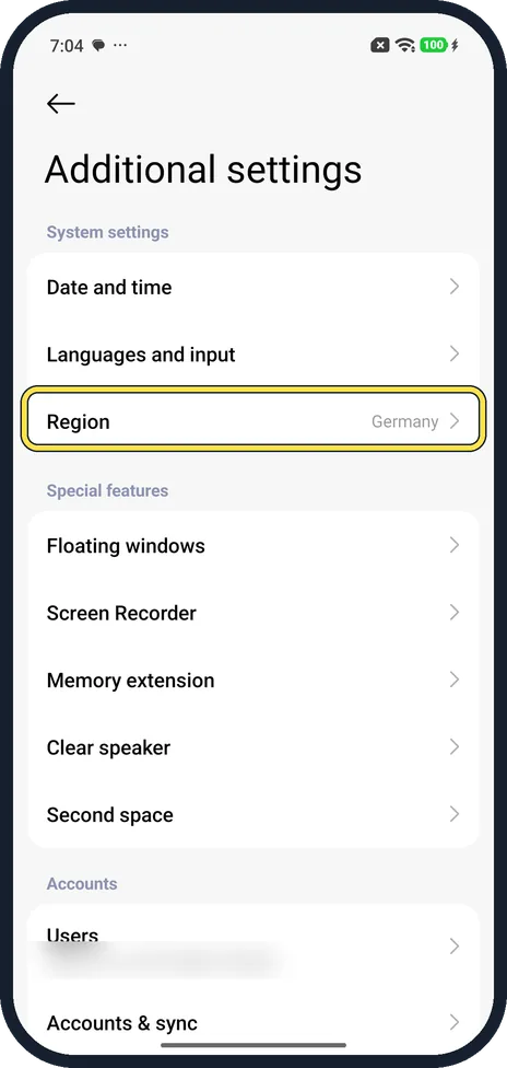 Android screenshot: Region row set to Germany