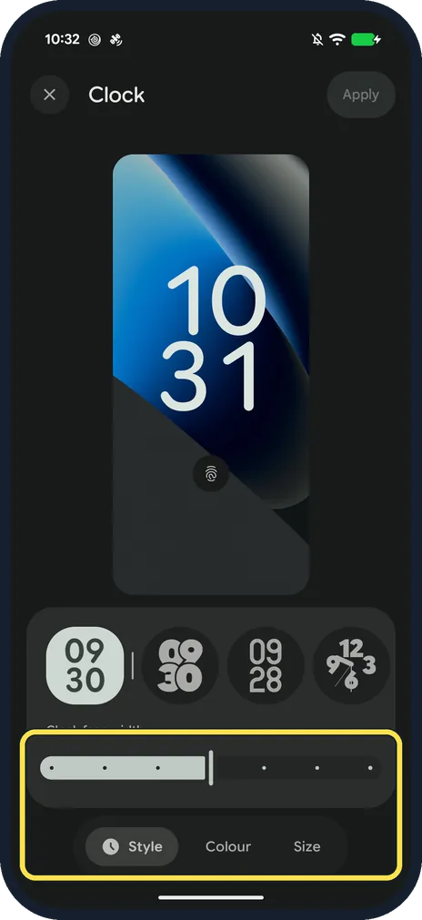 Android screenshot: Width slider and tabs on our Pixel