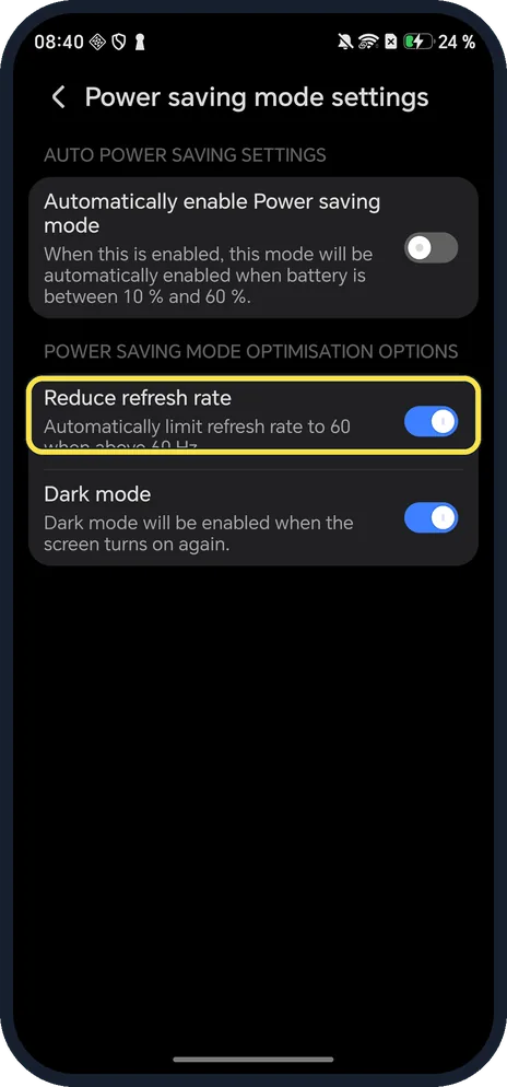 Android screenshot: Reduce refresh rate