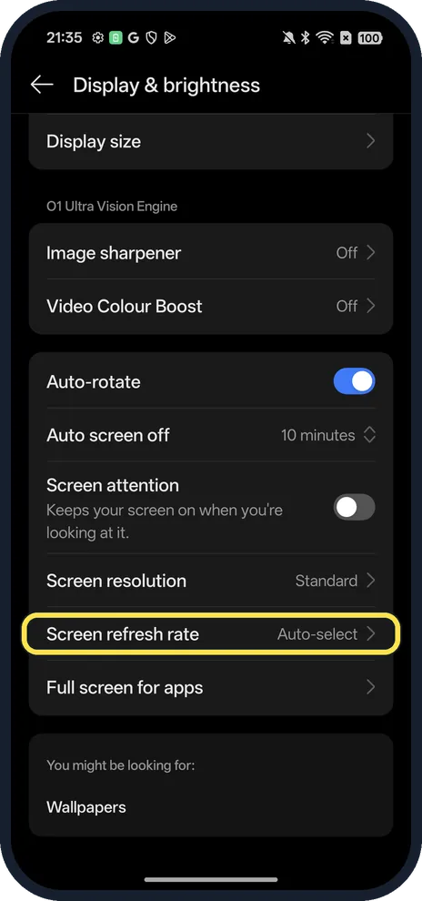 Android screenshot: Screen refresh rate row