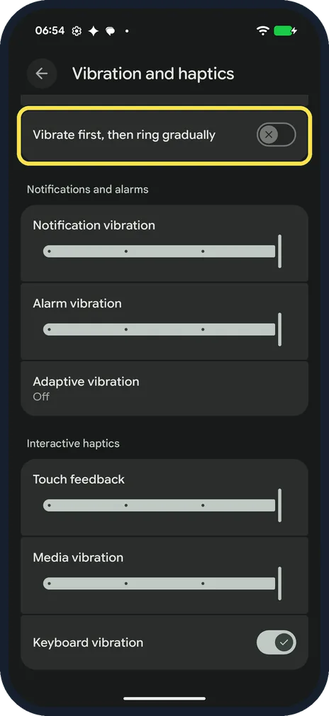 Android screenshot: Vibrate first, then ring gradually switch