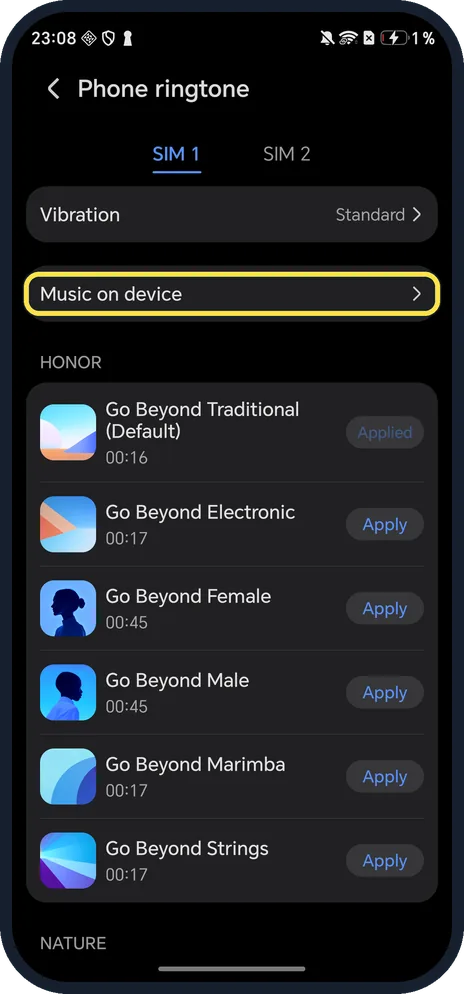 Android screenshot: Music on device