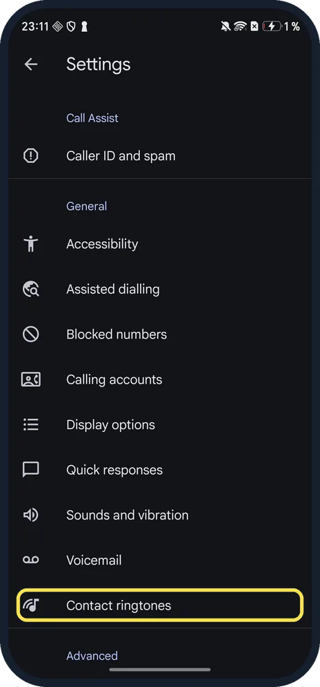 Android screenshot: Contact ringtones in Phone settings