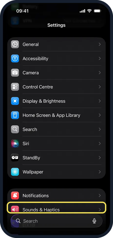 iPhone screen: Open Settings and tap Sounds & Haptics