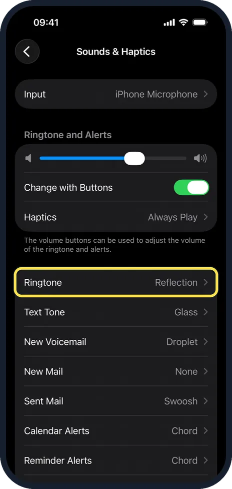iPhone screen: Tap Ringtone