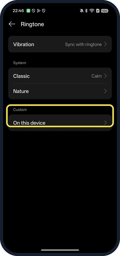 Android screenshot: Custom, On this device