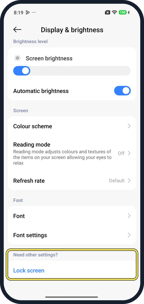 Android screenshot: Need other settings? Lock screen link on Display & brightness