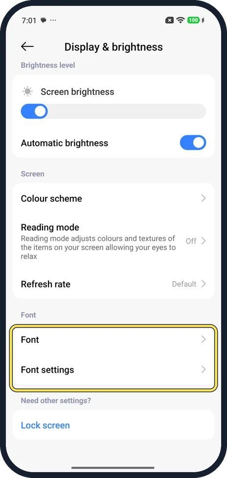 Android screenshot: Font and Font settings rows