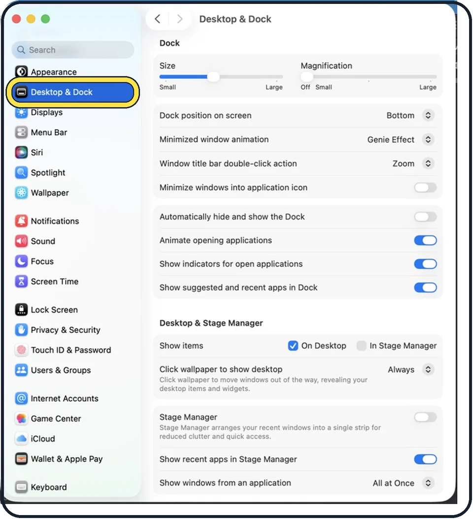Mac screenshot: Click Desktop & Dock in the sidebar