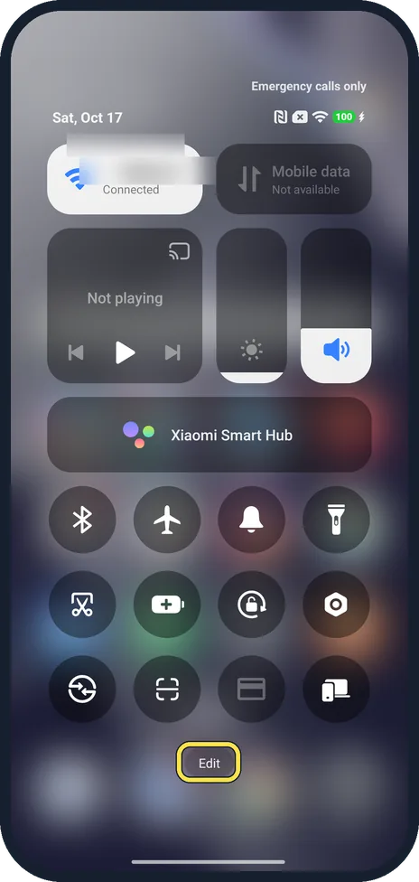 Android screenshot: Edit button in Control centre