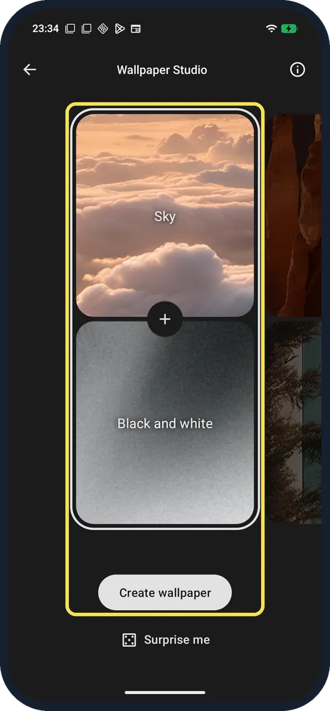 Android screenshot: Wallpaper Studio styles and Create wallpaper
