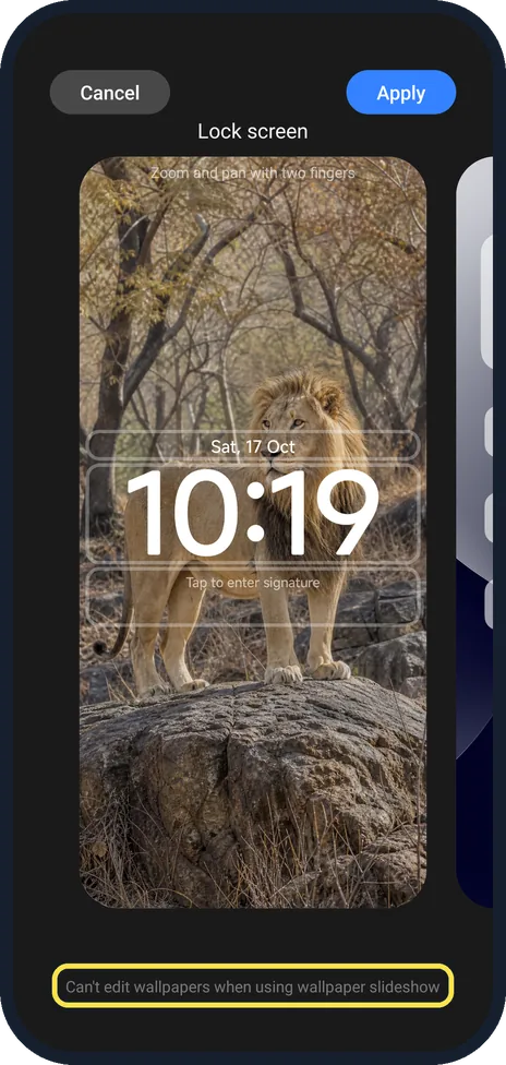 Android screenshot: Lock screen editor with the wallpaper slideshow message