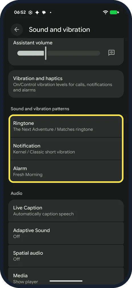 Android screenshot: Ringtone, Notification and Alarm under Sound and vibration patterns