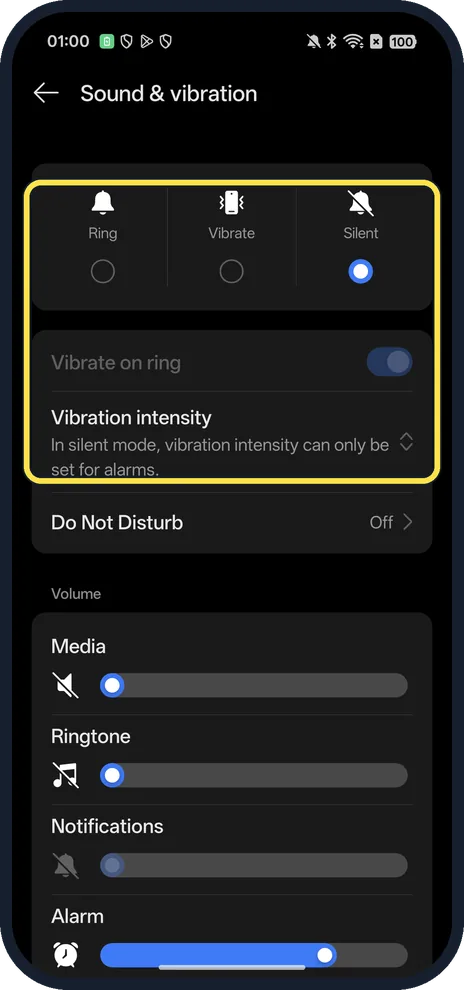 Android screenshot: Ring, Vibrate, Silent