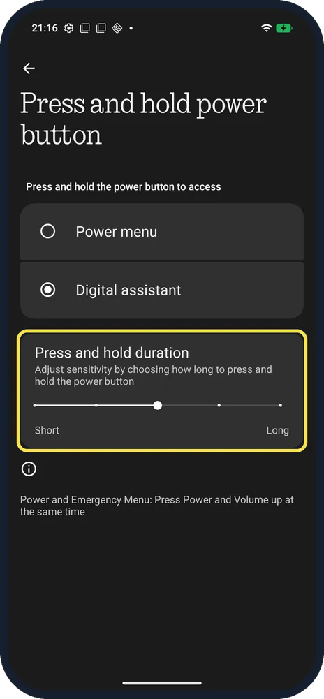 Android screenshot: Press and hold duration