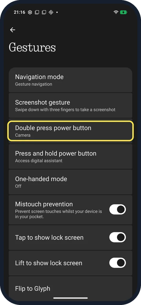 Android screenshot: Double press power button