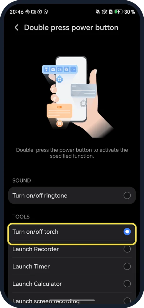 Android screenshot: Double press power button choices