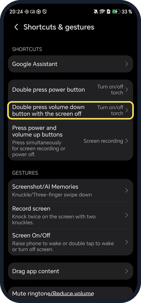 Android screenshot: Double press volume down
