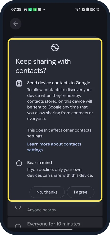 Android screenshot: Keep sharing with contacts prompt on our OnePlus Nord 5