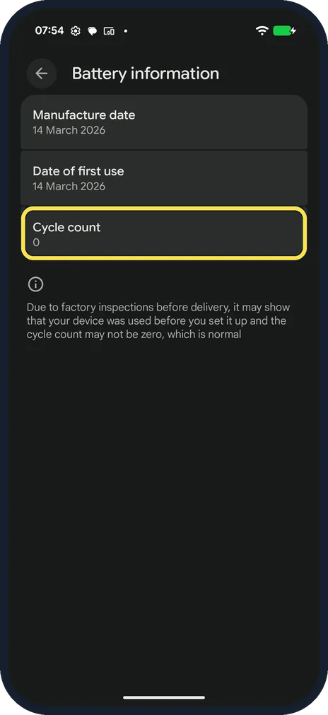 Android screenshot: Cycle count on the Battery information page