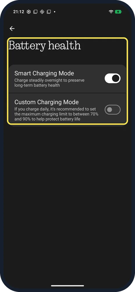 Android screenshot: Battery health: charging modes only