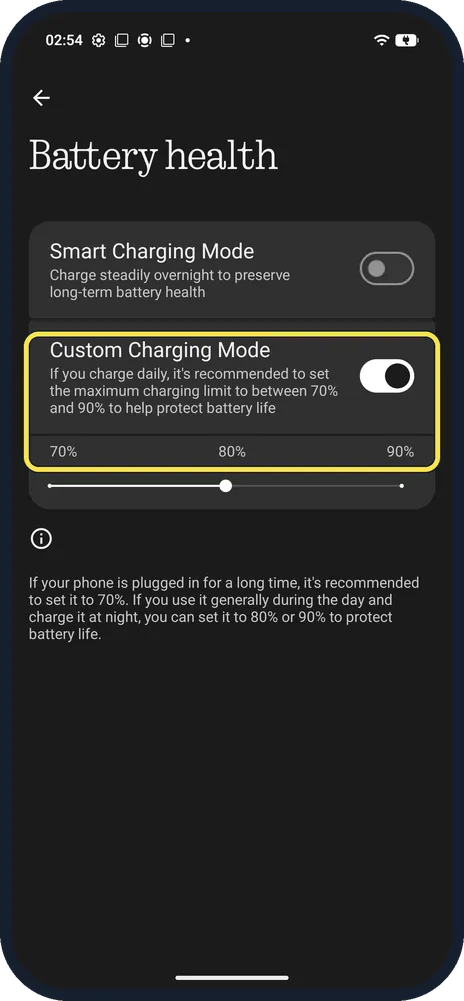 Android screenshot: Custom Charging Mode on