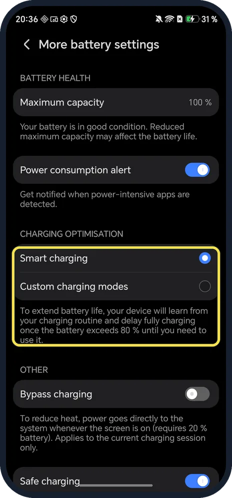 Android screenshot: Smart charging