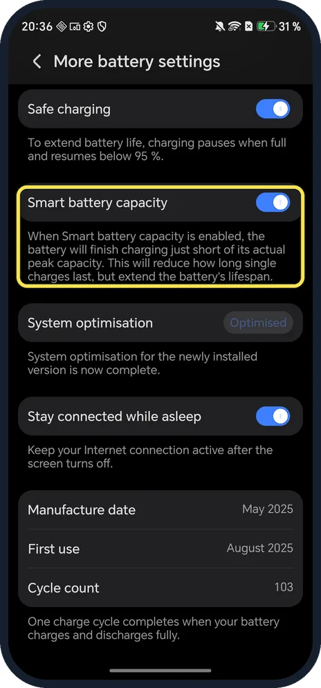 Android screenshot: Smart battery capacity