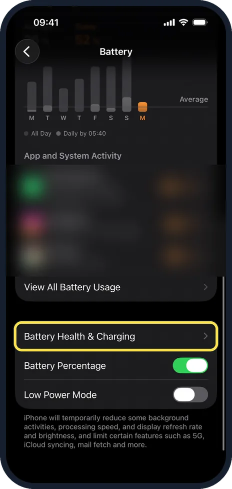 iPhone screen: Tap Battery Health