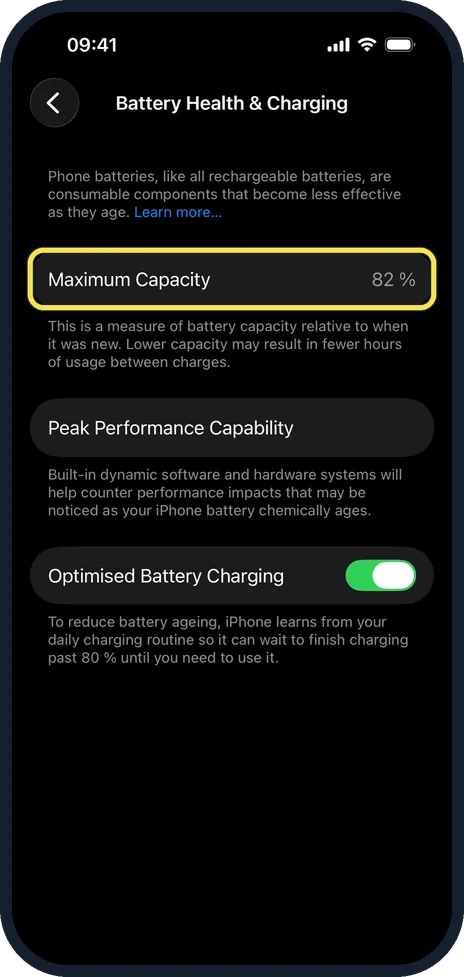 iPhone screen: Read Maximum Capacity and Cycle Count