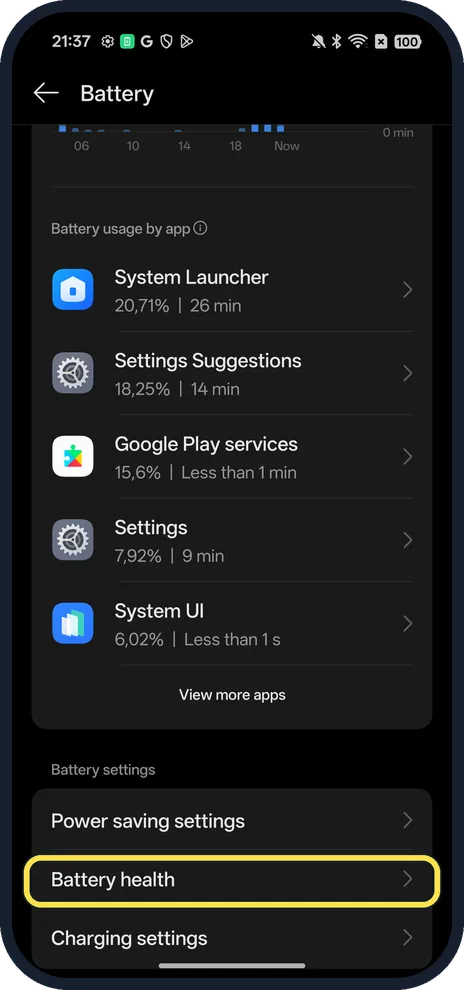 Android screenshot: Battery health under Battery settings