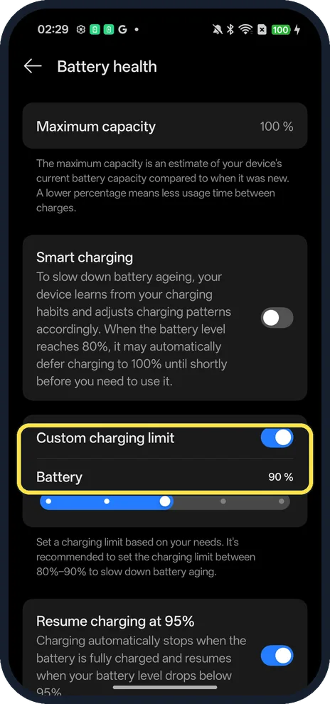 Android screenshot: Custom charging limit on