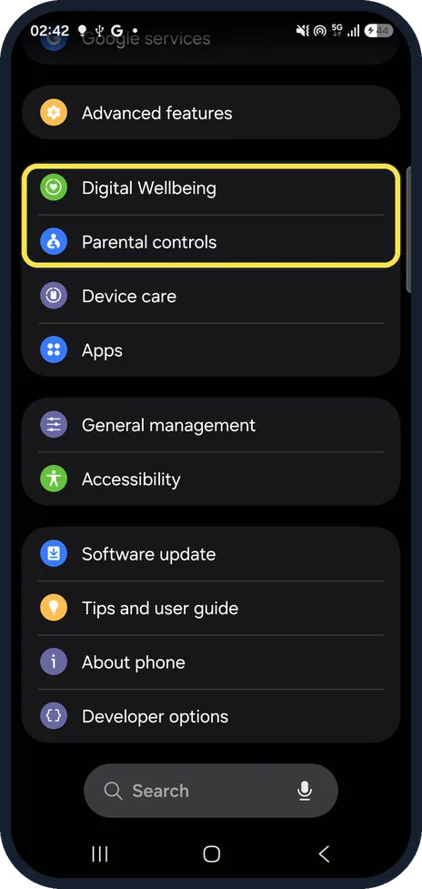 Android screenshot: Settings on One UI 9