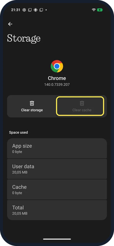 Android screenshot: Clear cache greyed