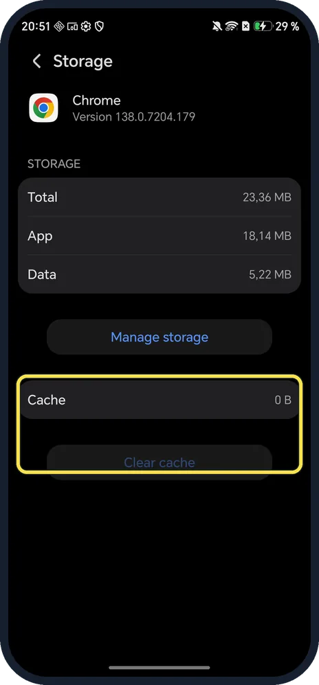 Android screenshot: Cache 0 B