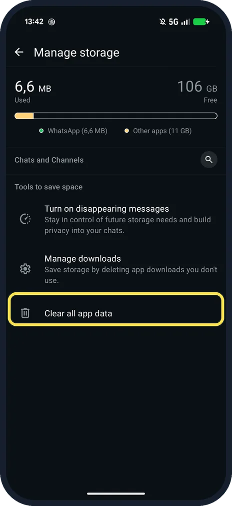 Android screenshot: Clear all app data