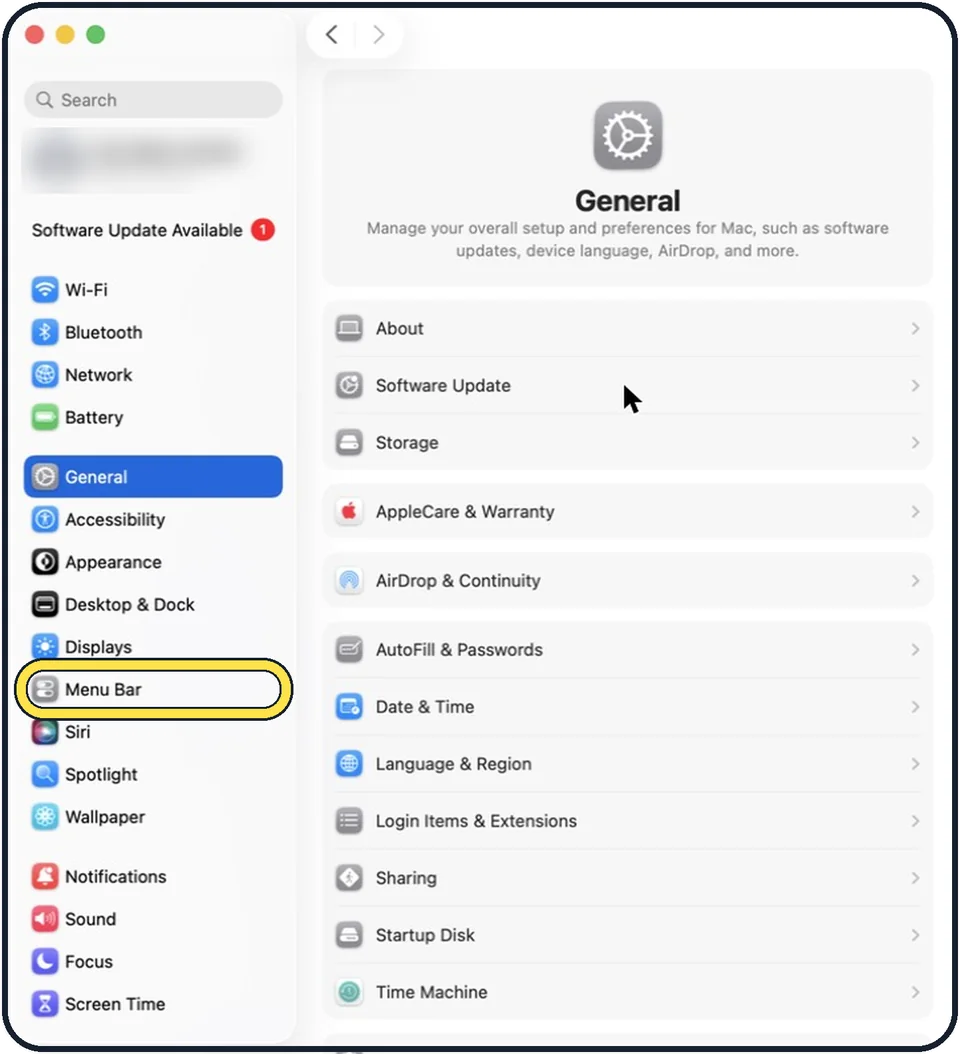 Mac screenshot: Open System Settings and click Menu Bar