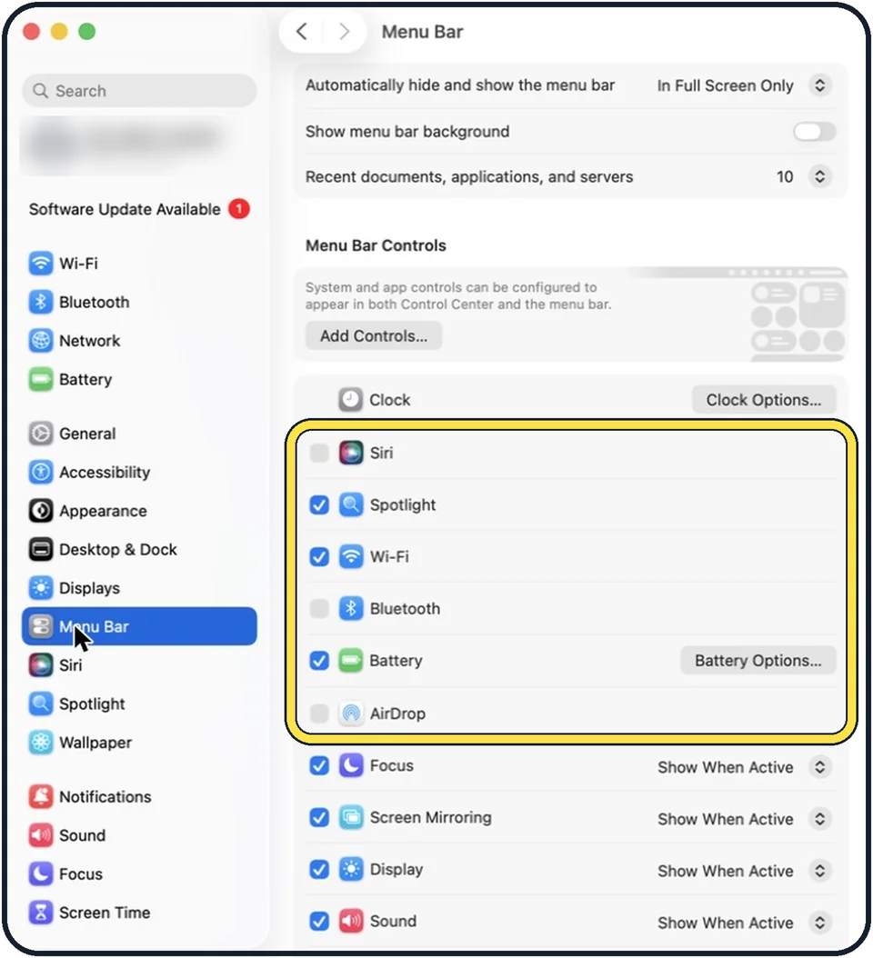 Mac screenshot: Select the icons you want