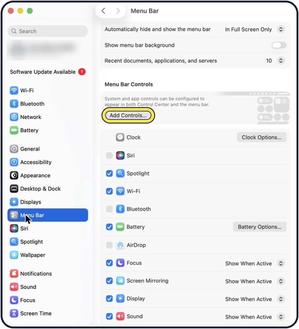 Mac screenshot: Add a control from Control Centre