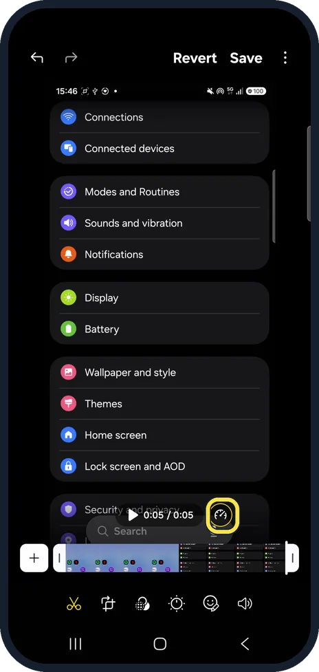 Android screenshot: Speed icon highlighted