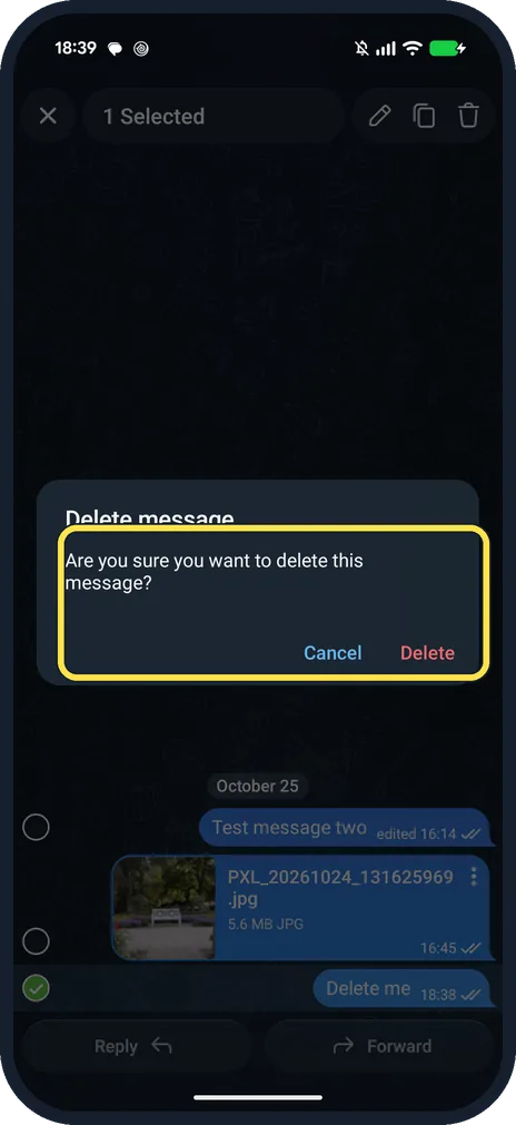 Android screenshot: Delete message, Cancel, Delete