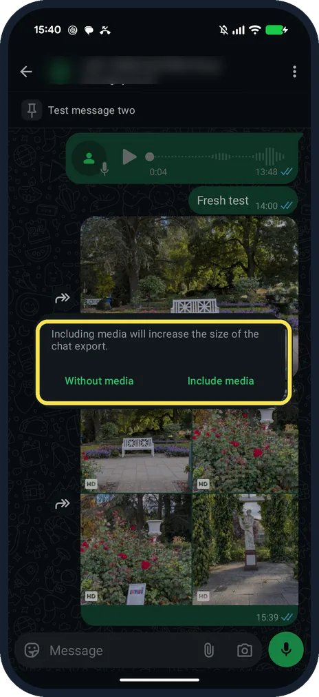Android screenshot: Without media or Include media
