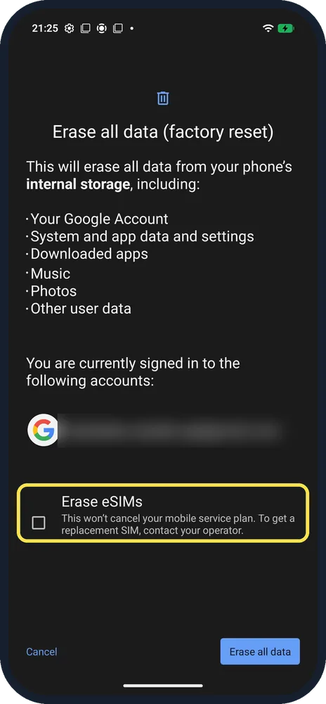 Android screenshot: Erase eSIMs